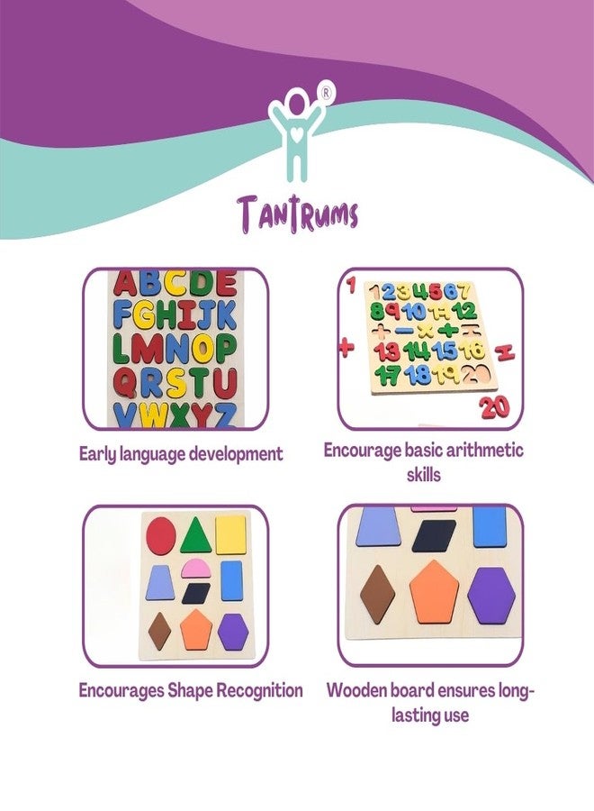 Tantrums Wooden Educational Puzzle Set for Kids (Set of 3) | Alphabet, Number & Shape Learning Boards | Montessori Preschool Toy for Early Learning, Colour Recognition & Hand-Eye Coordination - Image 4
